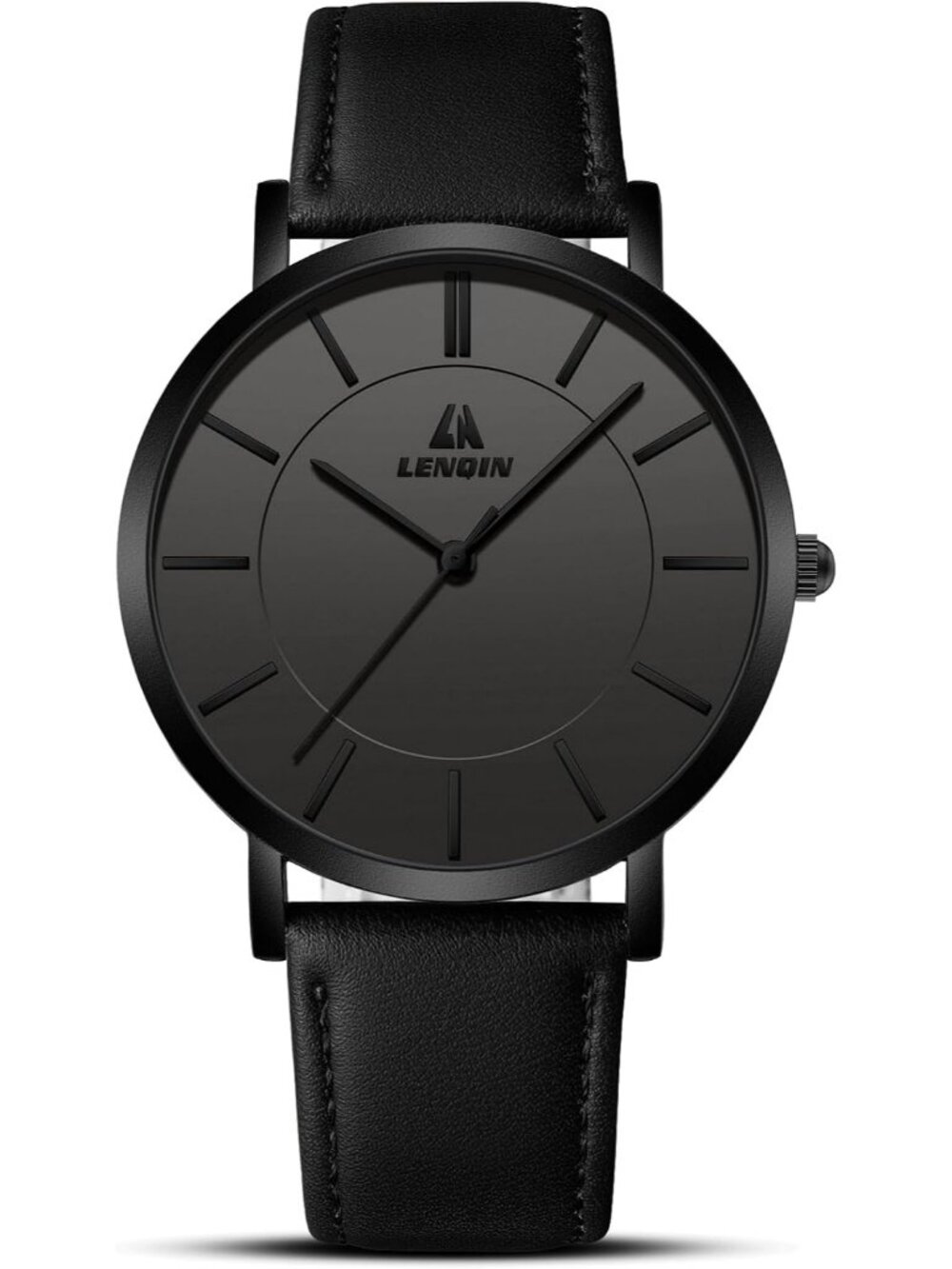 LN LENQIN Men's All Black Analog Quartz Adjustable Leather Strap Wrist Watch